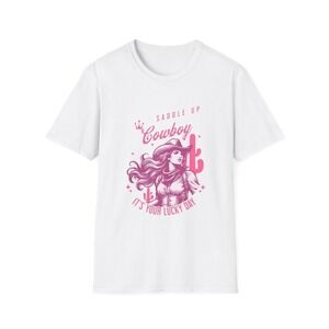 Womens Saddle‎ Up Cowboy Lucky Day Graphic Tee Pink Western Style | White M